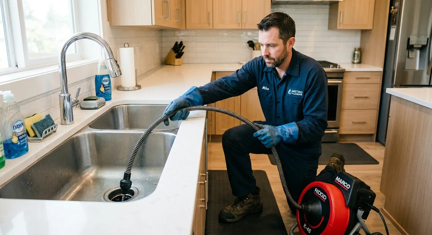 Drain cleaning technician using a motorized snake on a kitchen sink in Laurel Bay