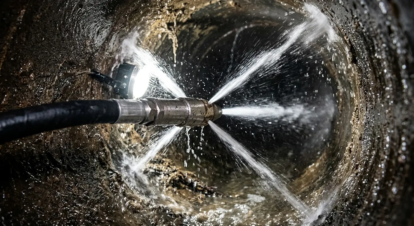 High-pressure hydro jetting nozzle cleaning sewer pipe for Sewer Cleanout in Laurel Bay