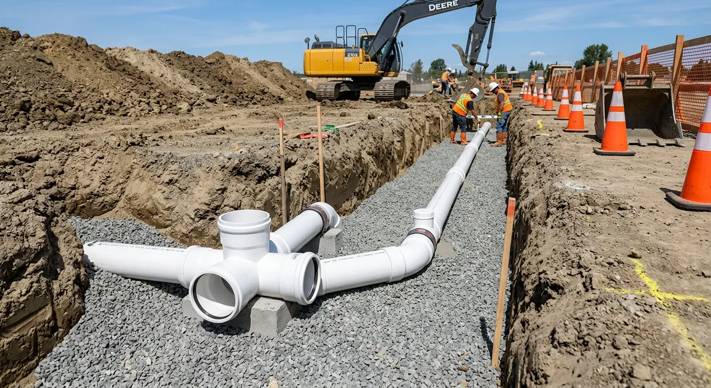 New PVC sewer pipe installation in open trench for Sewer Backup in Laurel Bay