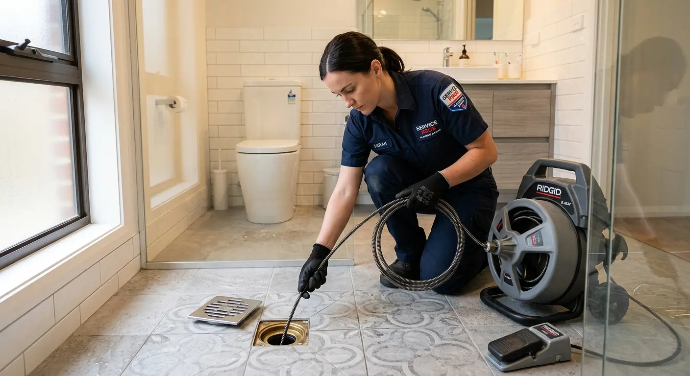 Technician clearing a bathroom floor drain for Drain Cleaning in Laurel Bay